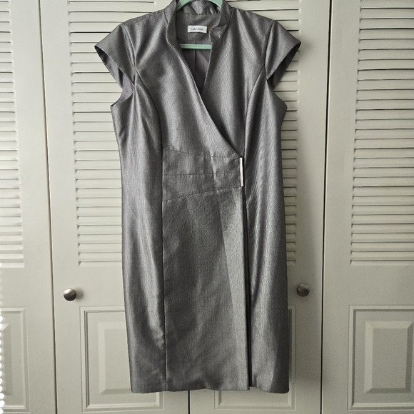 New CALVIN KLEIN Wrap Dress 10 Silver Gray Knee Length Cap Sleeves #045 - Picture 1 of 9